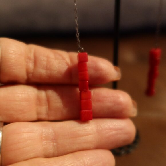 Red coral square beads & sterling silver Sherzada earrings dangle drop 3" long - Picture 5 of 10